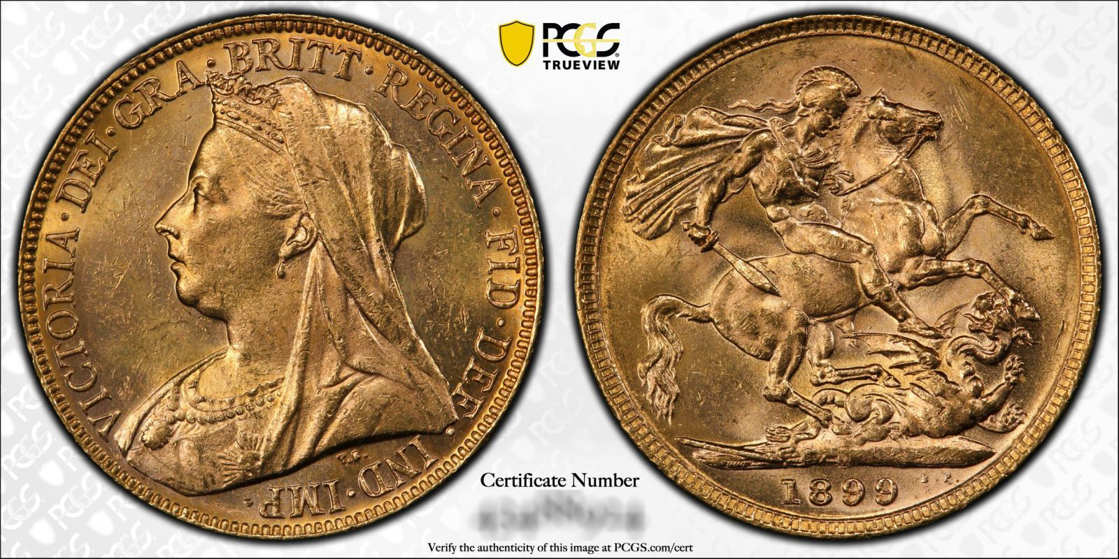 An 1899 Perth Mint gold sovereign coin showing Victoria facing left and St George and the Dragon on the reverse