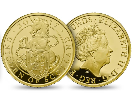 2017 Unicorn of Scotland five-ounce gold proof coin by Jody Clark, portrait bust of Elizabeth II facing right by Jody Clark on obverse