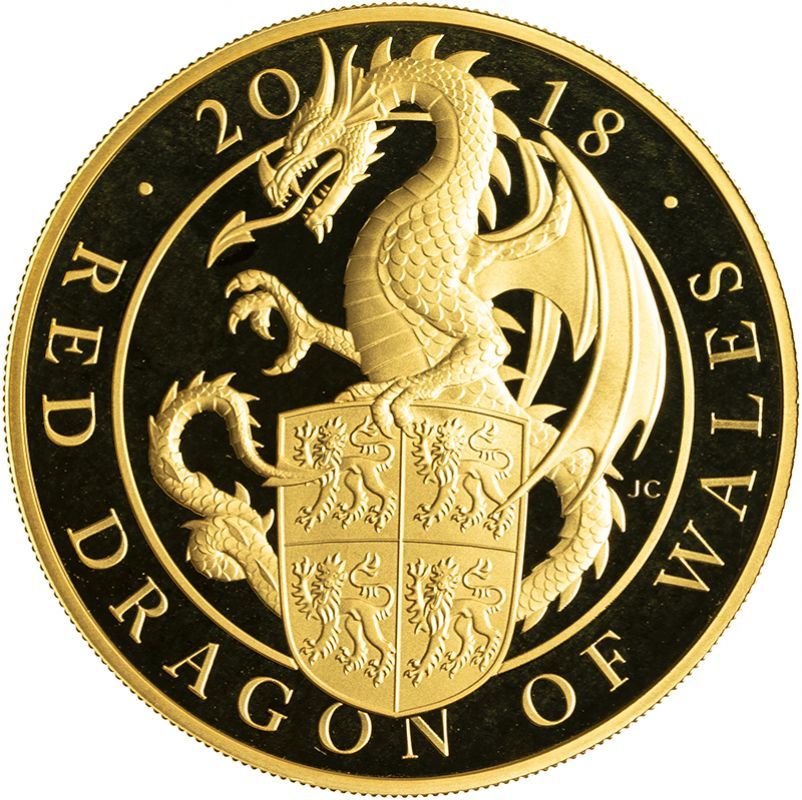 2018 Red Dragon of Wales five ounce gold proof £500 coin by Jody Clark, portrait bust of Elizabeth II facing right by Jody Clark on obverse