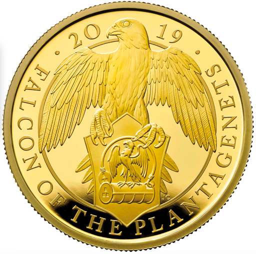 2019 Falcon of the Plantagenets five-ounce gold proof coin by Jody Clark, portrait bust of Elizabeth II facing right by Jody Clark on obverse