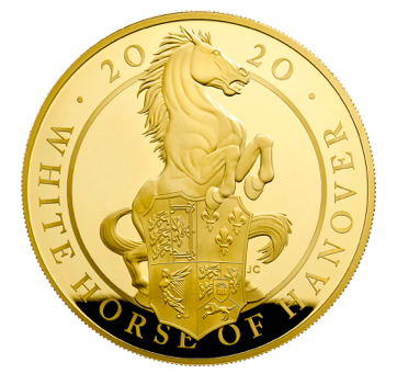 2020 White Horse of Hanover five-ounce gold proof coin by Jody Clark, portrait bust of Elizabeth II facing right by Jody Clark on obverse