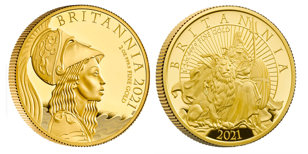 The 2021 Britannia with Lion gold proof coin and the 2021 Premium Exclusive Edition gold proof coin, designed by P.J. Lynch
