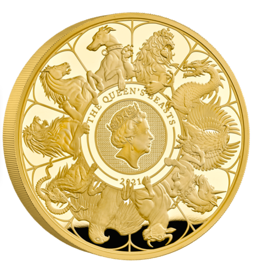 2021 The Queen’s Beasts Completer kilo gold proof coin by Jody Clark, portrait bust of Elizabeth II facing right by Jody Clark on obverse