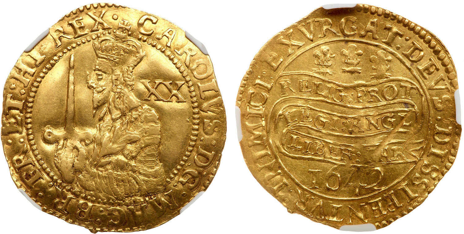 A 1642 Charles I gold unite, Civil War issue, Oxford Mint, showing half-length portrait facing left holding sword and olive branch, declaration in three wavy bands on the reverse