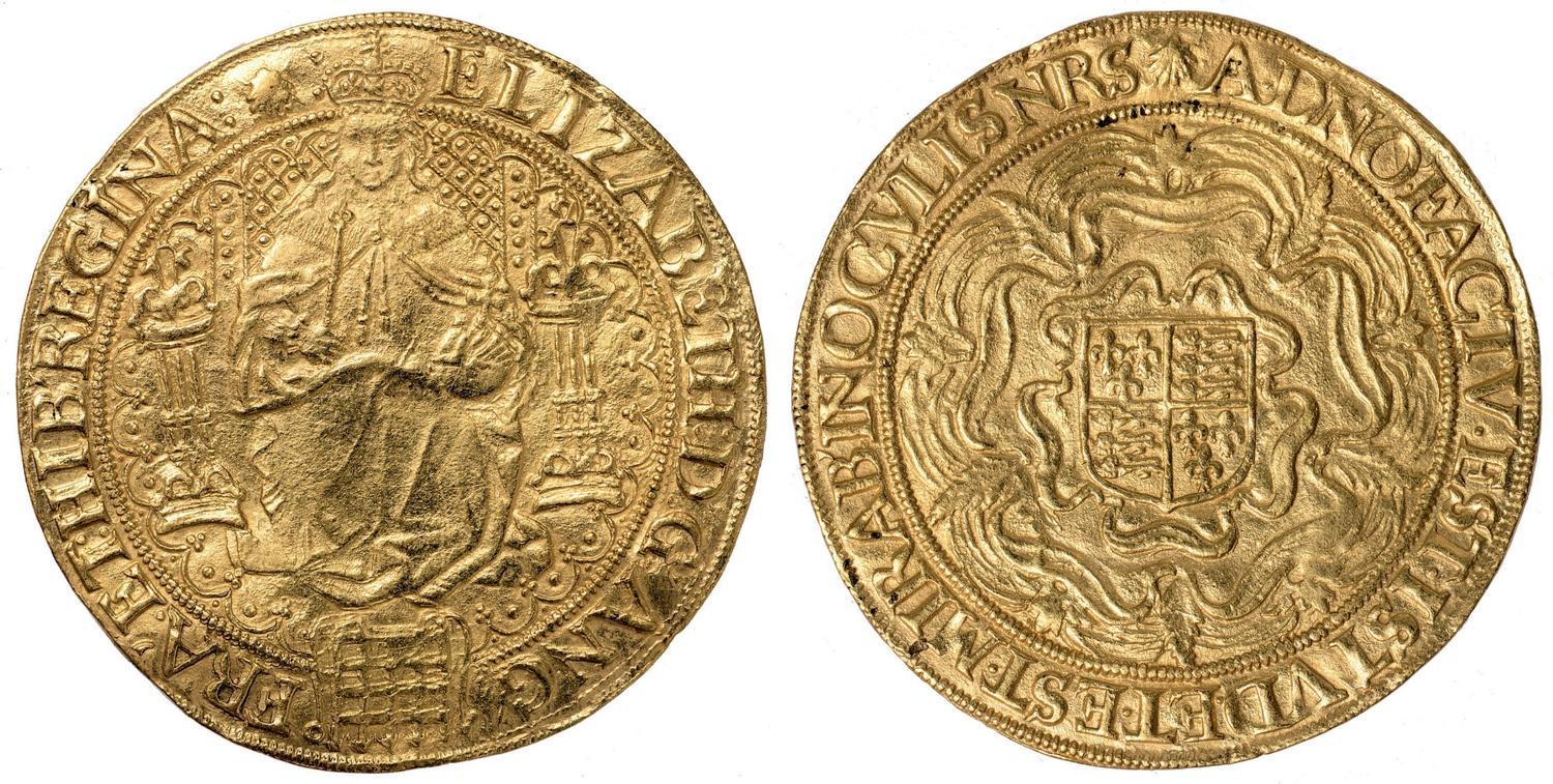 An Elizabeth I ‘Fine’ gold sovereign of 30 shillings, 6th issue, showing the enthroned monarch, a Tudor rose elaborately set around her coat of arms on the reverse