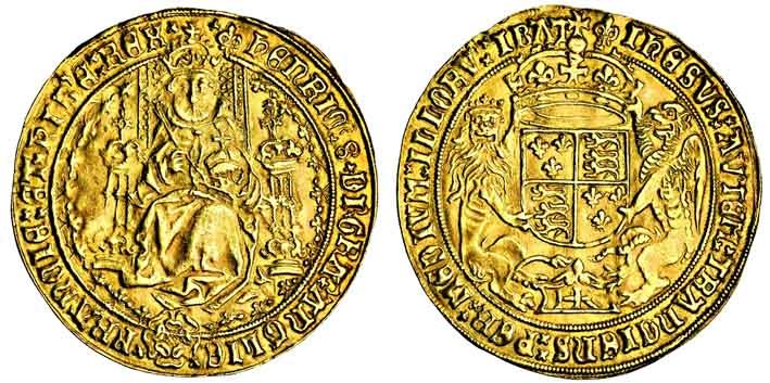 A Henry VIII (1509-47) sovereign, third coinage, type II, with a lower gold content, showing the enthroned monarch and crowned quartered shield of arms on the reverse