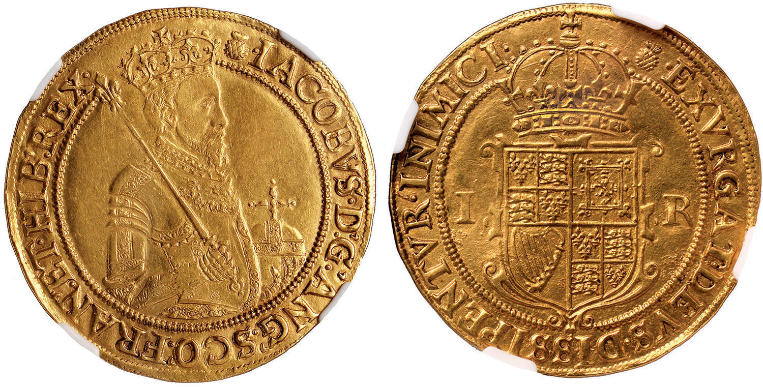 A James I gold sovereign of 20 Shillings, first issue (1603-04), with half-length portrait facing right and crowned quartered shield of arms on the reverse