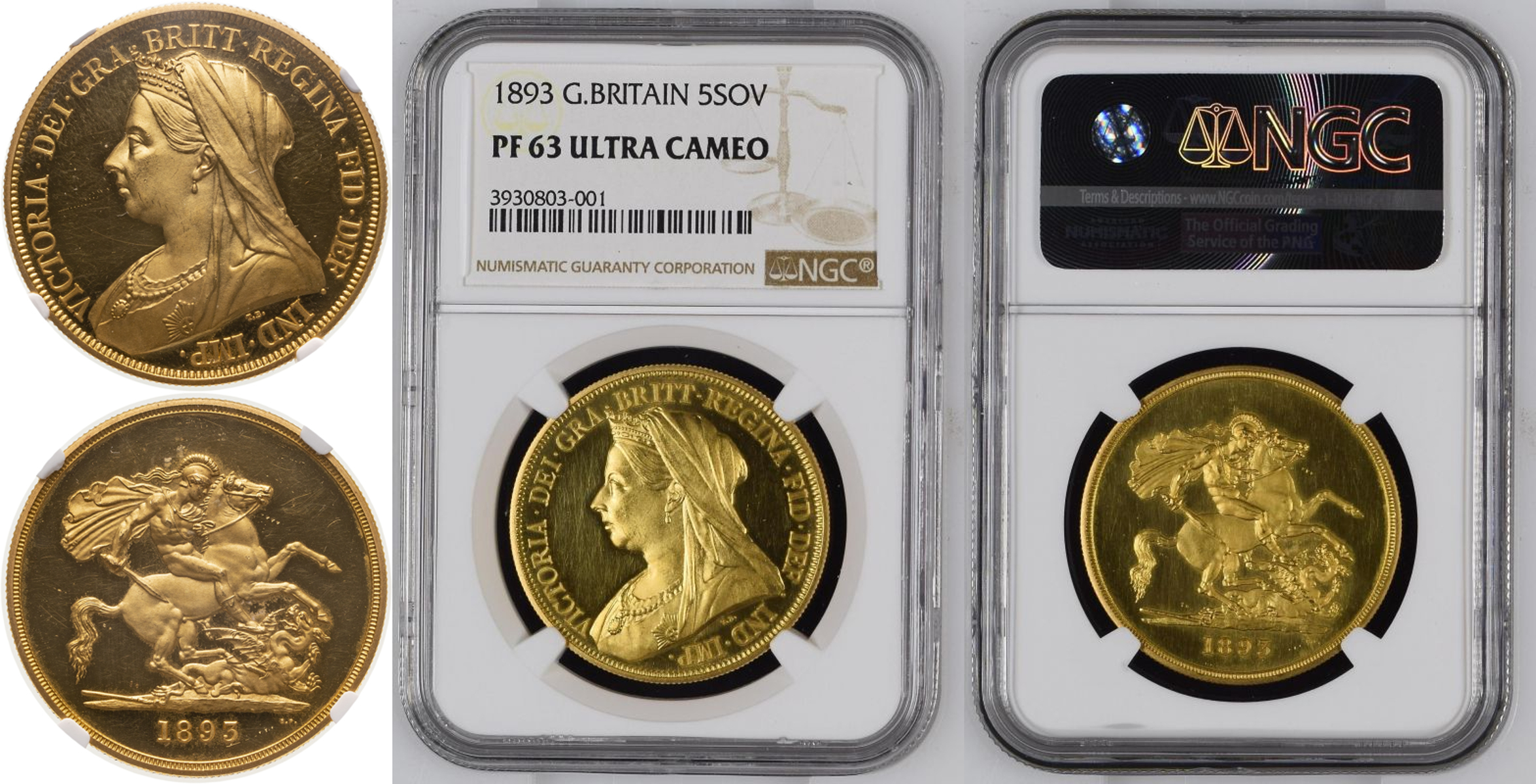 Lot 17: 1893 Gold 5 Pounds (5 Sovereigns) Proof NGC PF 63 ULTRA CAMEO #3930803-001 (AGW=1.1777 oz.)