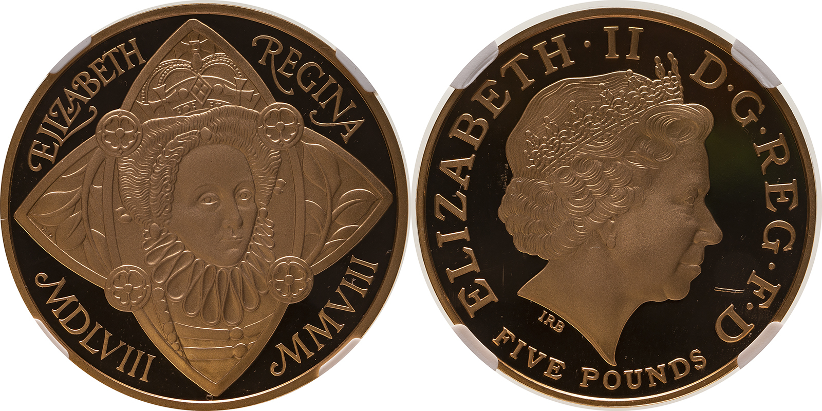 Lot 45: 2008 Gold 5 Pounds (Crown) Queen Elizabeth I Proof NGC PF 70 ULTRA CAMEO #6134254-001 (AGW=1.1777 oz.)