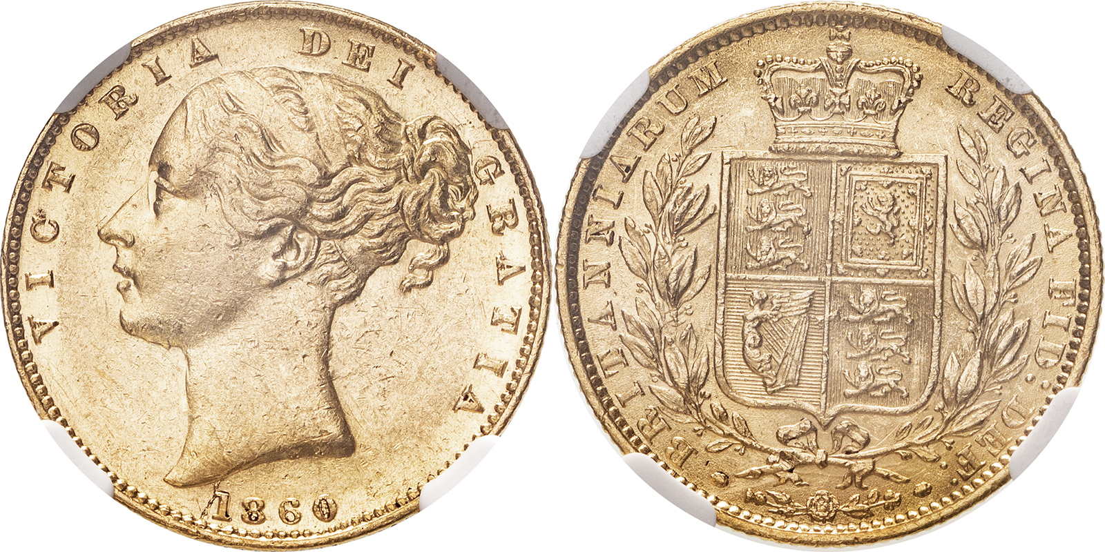 Lot 22: United Kingdom Victoria 1860 Gold Sovereign Inverted A for V NGC AU 58 #5786663-017 (AGW=0.2355 oz.)