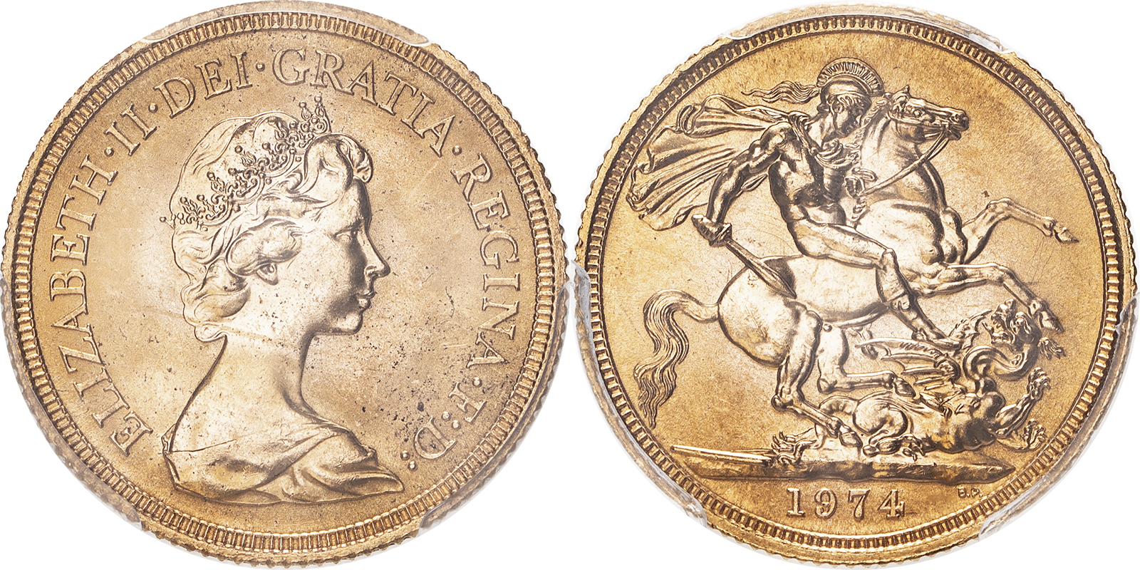 Lot 56: United Kingdom Elizabeth II 1974 Gold Sovereign Equal-finest PCGS MS66 #44084270 (AGW=0.2355 oz.)