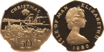 Isle of Man, Elizabeth II, 1980 Gold Proof 50 Pence, Christmas