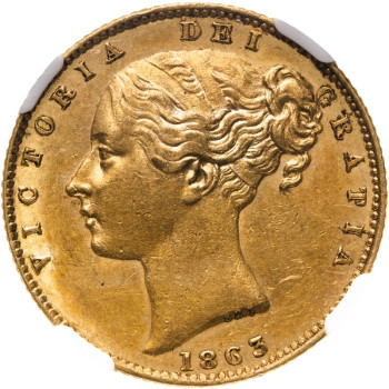 United Kingdom, Victoria, 1863 Sovereign, “827” on Truncation