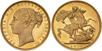 United Kingdom, Victoria, 1871 Proof Sovereign, St George Rev., Plain Edge, Medal Alignment