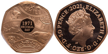 United Kingdom, Elizabeth II, 2021 Gold Piedfort Proof 50 Pence, 50th Anniversary of Decimal Day