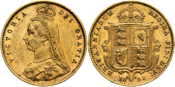 United Kingdom, Victoria, 1891 Half-Sovereign, No JEB, High Shield