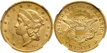 United States, 1862 S Gold 20 Dollars, NGC AU 53